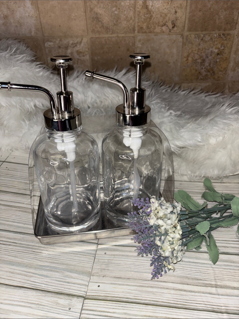 Elegant Silver Chrome Clear Soap Lotion Dispenser Set NEW